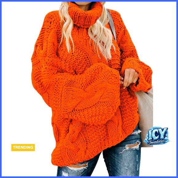 Chunky Cable Knit Turtleneck Sweater Pullover Loose Fit Casual Cozy
